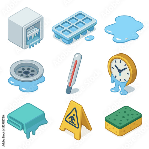 Melting Household Icon Set. Isometric Flat icon set of household ice melting: freezer compartment, ice tray, countertop puddle,
