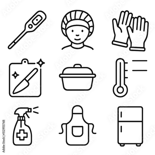 Food Safety Icons. Outline icon set of food safety hygiene: food thermometer, hairnet, gloves, clean cutting board, covered food