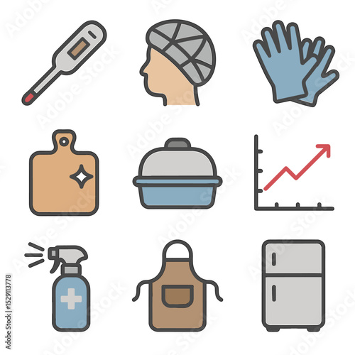 Food Safety Icons. Flat icon set of food safety hygiene: food thermometer, hairnet, gloves, clean cutting board, covered food