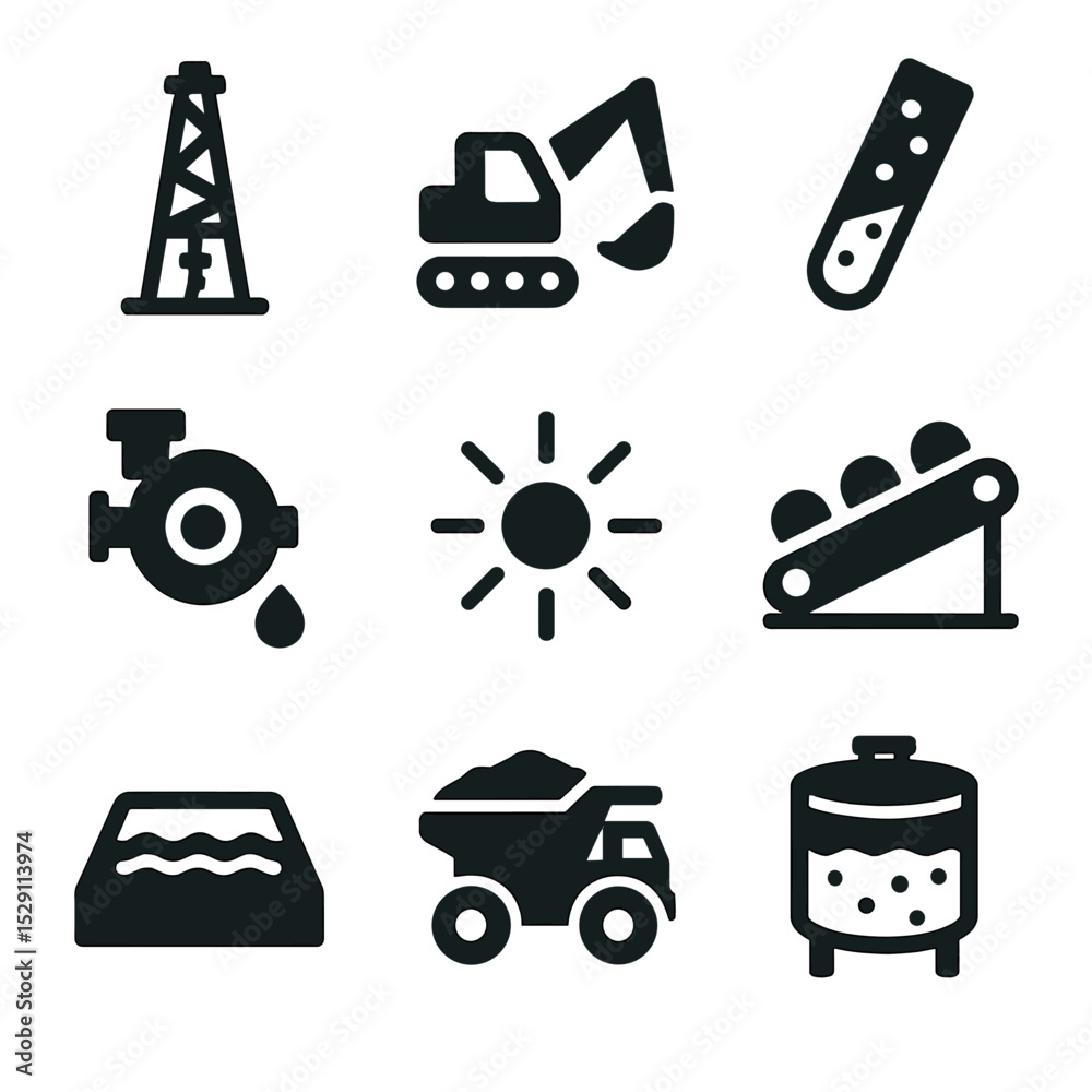 Mining Equipment Icons. Solid, Filled icon set of extraction equipment: drill rig, excavator, core sample, slurry pump, blast hole