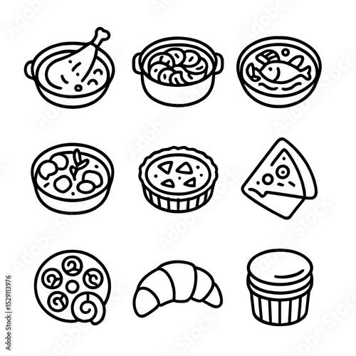 French Cuisine Icons. Outline icon set of French cuisine classics: coq au vin, ratatouille, bouillabaisse, beef bourguignon,