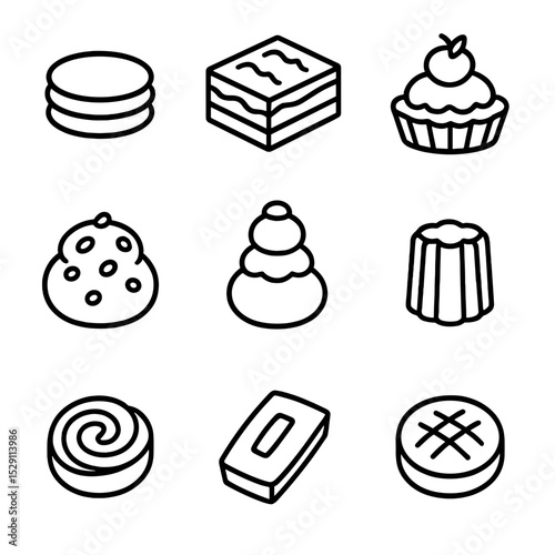 French Pastry Icons. Outline icon set of French pastries: macaron, mille-feuille, tartelette, chouquette, religieuse, canelé,