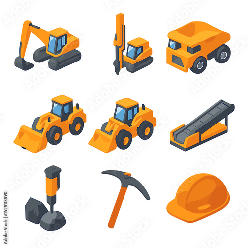 Mining Equipment Icons. Isometric Flat icon set of mining equipment: excavator, drill rig, haul truck, bulldozer, loader, conveyor