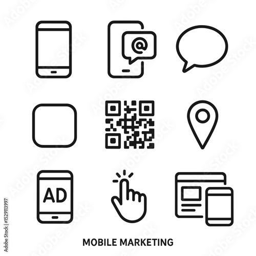 Mobile Marketing Icons. Outline icon set of mobile marketing: smartphone screen, push notification, SMS bubble, app icon, QR code,