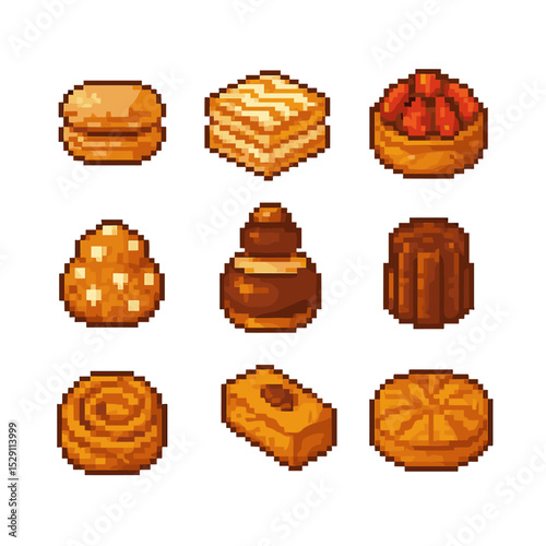 French Pastry Icons. Pixel art icon set of French pastries: macaron, mille-feuille, tartelette, chouquette, religieuse, canelé,