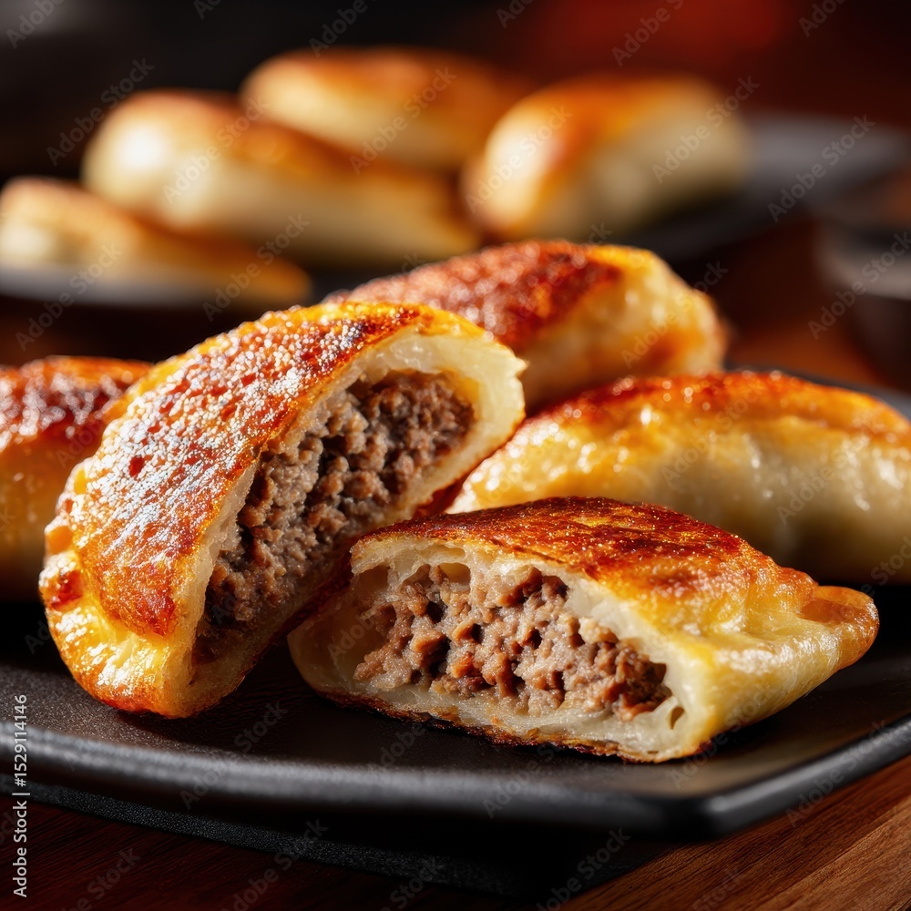 closeup shot ready to serve Khuushuur plated Mongolian fried meat pastry textures shallow closeup shot ready to serve Khuushuur plated Mongolian fried meat pastry textures shallow