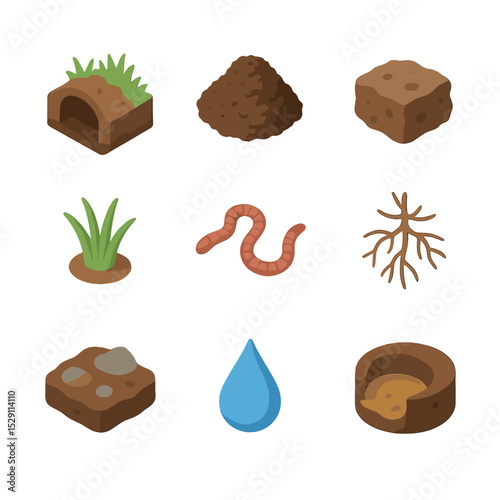 Mole Habitat Icons. Isometric Flat icon set of mole habitat and burrows: tunnel entrance, molehill mound, soil clod, grass tuft,