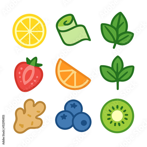 Fruit Infusion Icons. Flat icon set of water infusion flavors: lemon slice, cucumber ribbon, mint leaf, strawberry slice, orange