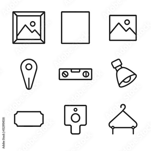 Gallery Display Icons. Outline icon set of gallery wall display: picture frame, canvas, photo print, frame hook, level tool,