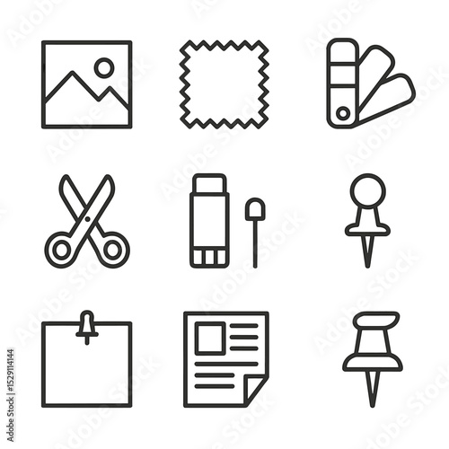 Mood Board Creation Icons. Outline icon set of mood board creation: image frame, fabric swatch, color palette, scissors, glue