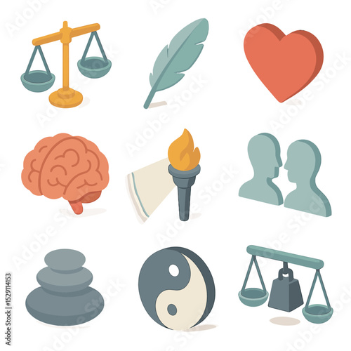 Moral Balance Icon Set. Isometric Flat icon set of Moral balance symbols: balanced scales, feather of truth, heart emblem, brain