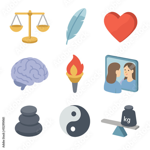 Moral Balance Icon Set. Isometric Flat icon set of Moral balance symbols: balanced scales, feather of truth, heart emblem, brain