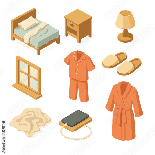 Morning Bedroom Icons. Isometric Flat icon set of bedroom wake-up scene: unmade bed, bedside table, nightstand lamp, window with