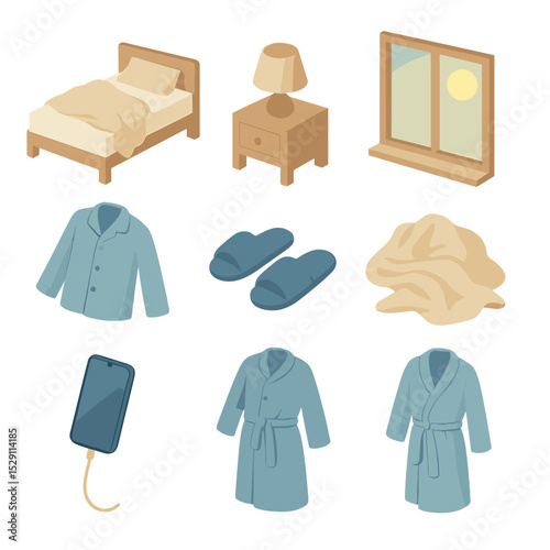 Morning Bedroom Icons. Isometric Flat icon set of bedroom wake-up scene: unmade bed, bedside table, nightstand lamp, window with
