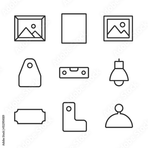 Gallery Display Icons. Outline icon set of gallery wall display: picture frame, canvas, photo print, frame hook, level tool,