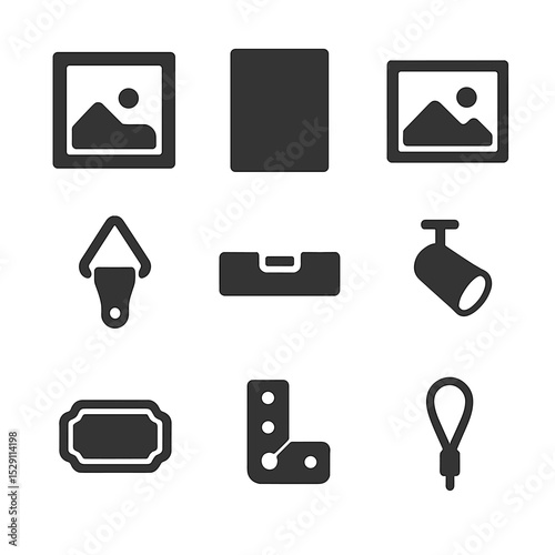Gallery Display Icons. Flat icon set of gallery wall display: picture frame, canvas, photo print, frame hook, level tool,