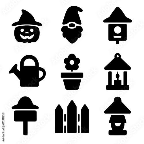 Garden Decor Icons. Solid, Filled icon set of garden decor with hats: pumpkin wearing hat, gnome cap, birdhouse topper,