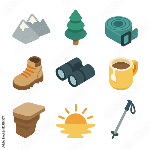 Mountain Yoga Icon Set. Isometric Flat icon set of mountain view yoga session: mountain peaks, pine tree, yoga strap, trekking
