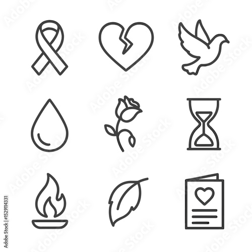 Mourning Symbols Icons. Outline icon set of mourning symbols and ribbons: black ribbon, broken heart, dove silhouette, teardrop,