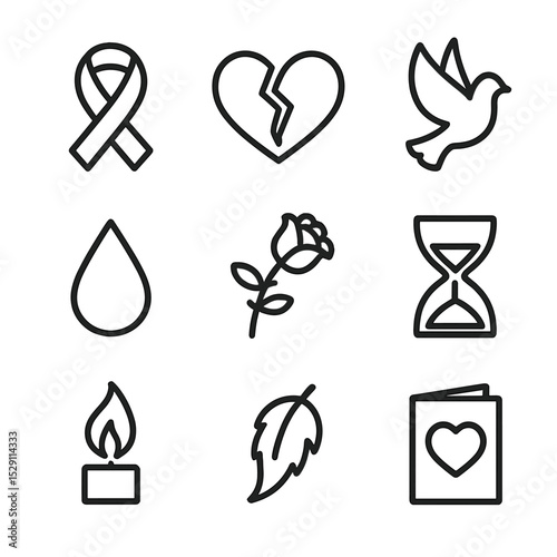 Mourning Symbols Icons. Outline icon set of mourning symbols and ribbons: black ribbon, broken heart, dove silhouette, teardrop,