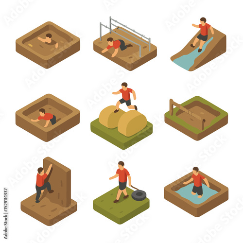 Mud Run Challenge Icons. Isometric Flat icon set of mud run challenges: mud pit, barbed wire crawl, slippery slide, trench crawl,