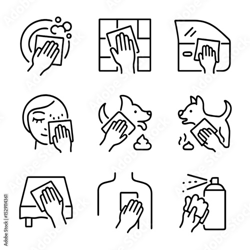 Multi-Use Icon Set. Outline icon set of usage scenarios: kitchen cleanup, bathroom hand drying, car interior wipe, makeup removal,