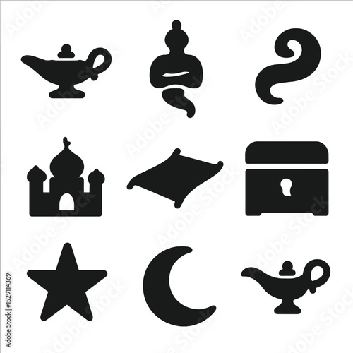 Genie Icon Set. Solid, Filled icon set of genie lamp wishes: oil lamp, genie silhouette, smoke swirl, palace silhouette, magic