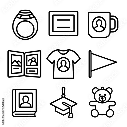 Gift Icon Grid. Outline icon set of gifts and souvenirs: class ring, engraved plaque, commemorative mug, photo album, custom