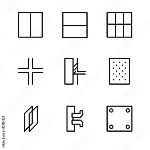 Glass Curtain Icons. Outline icon set of glass and curtain wall systems: vision glass, spandrel panel, unitized mullion, stick