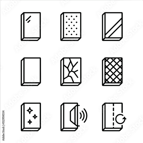 Glass Design Icons. Outline icon set of glass panel designs: clear glass, frosted glass, tinted glass, laminated glass, tempered