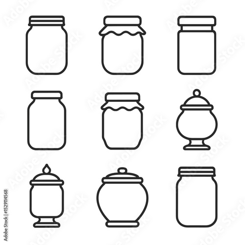 Glass Jar Icon Set. Outline icon set of glass jar types: mason jar, jam jar, spice jar, pickle jar, honey jar, candy jar,