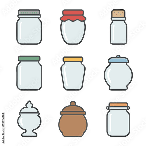 Glass Jar Icons. Flat icon set of glass jar types: mason jar, jam jar, spice jar, pickle jar, honey jar, candy jar, apothecary jar
