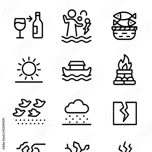 Nature's Miracles Icons. Outline icon set of Nature miracles: water into wine, calming storm, multiplication of fish, sun standing