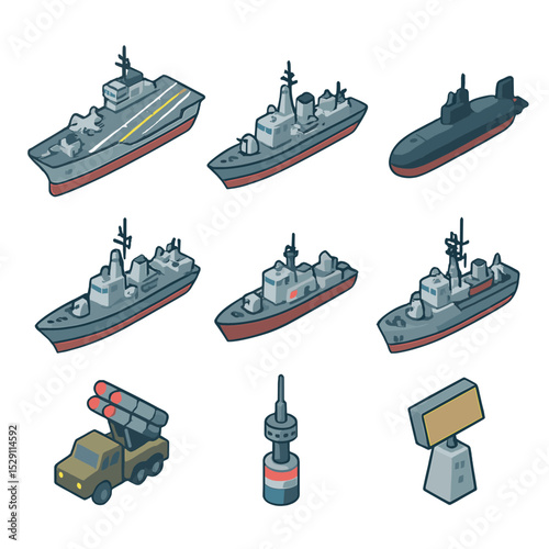 Naval Defense Icon Set. Isometric Flat icon set of naval defense vessels: aircraft carrier, destroyer, submarine, frigate, coastal