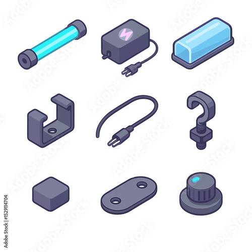 Neon Lighting Icons. Isometric Flat icon set of neon plasma lighting fixtures: neon tube, transformer box, diffuser cover,