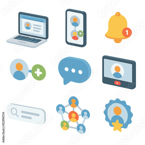 Networking Platform Icons. Isometric Flat icon set of online professional networking platforms: laptop with profile page,