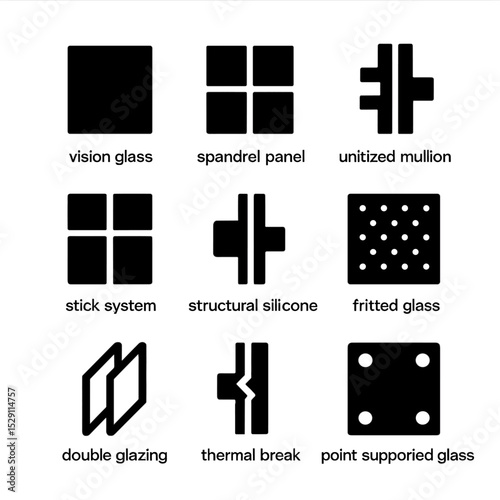 Glass Wall Icon Set. Solid, Filled icon set of glass and curtain wall systems: vision glass, spandrel panel, unitized mullion,