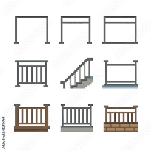 Glass Railing Icons. Pixel art icon set of glass railing types: frameless railing, semi-frameless railing, framed railing, balcony