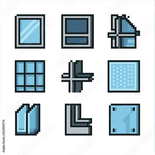 Glass Wall Icon Set. Pixel art icon set of glass and curtain wall systems: vision glass, spandrel panel, unitized mullion, stick