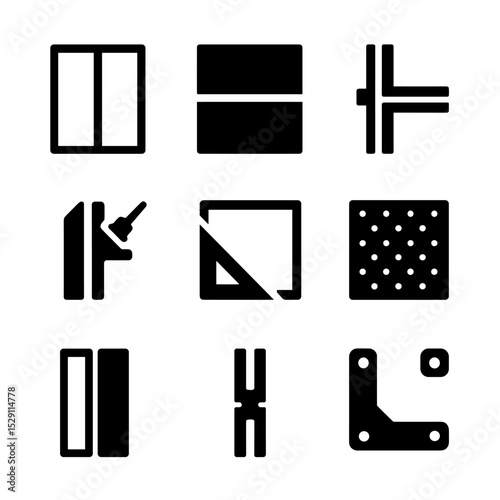 Glass Wall Icon Set. Solid, Filled icon set of glass and curtain wall systems: vision glass, spandrel panel, unitized mullion,