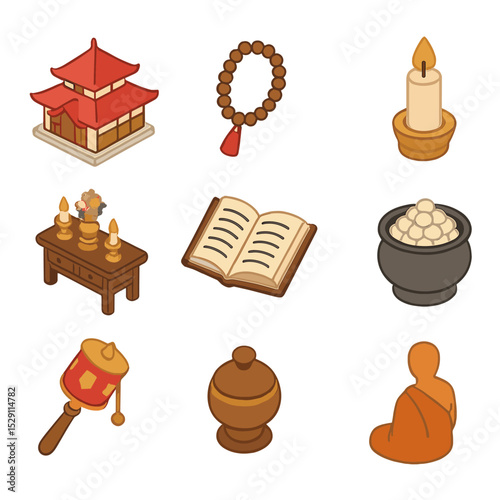 New Year Ceremony Icons. Isometric Flat icon set of New Year’s Day spiritual ceremonies: temple building, prayer beads, incense