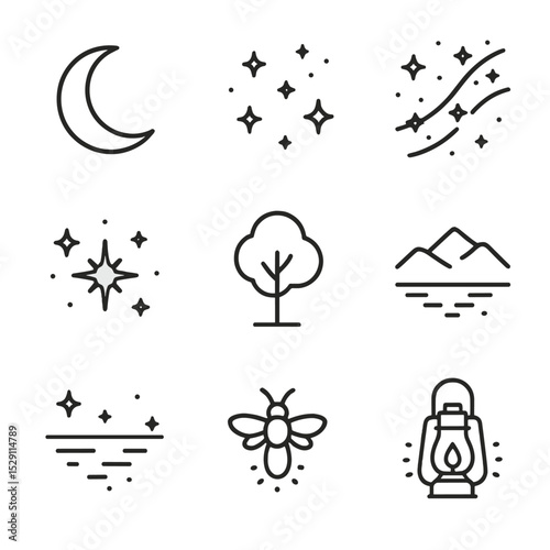 Night Elements Icon Set. Outline icon set of twinkling night elements: crescent moon, scattered stars, Milky Way band, twinkle