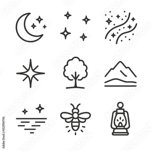Night Elements Icon Set. Outline icon set of twinkling night elements: crescent moon, scattered stars, Milky Way band, twinkle