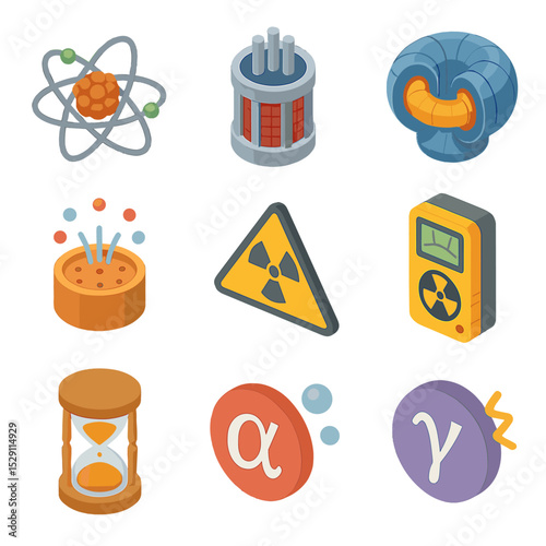 Nuclear Physics Icons. Isometric Flat icon set of nuclear physics symbols: uranium atom, fission reactor core, fusion tokamak,