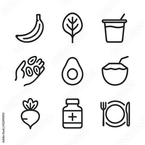 Nutrition Icon Set. Outline icon set of nutrition and diet: banana fruit, spinach leaf, yogurt cup, almond handful, avocado slice,
