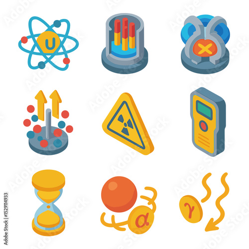 Nuclear Physics Icons. Isometric Flat icon set of nuclear physics symbols: uranium atom, fission reactor core, fusion tokamak,