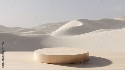 Beige podium platform in a desert landscape with sand dunes and soft light.