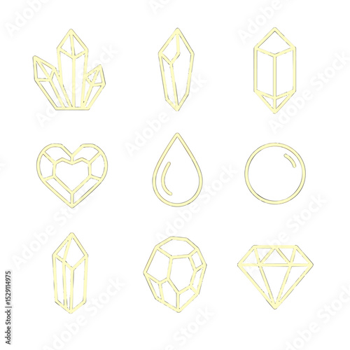 Glowing Crystal Icons. Outline icon set of glowing crystals: quartz cluster, amethyst shard, emerald prism, ruby heart, sapphire