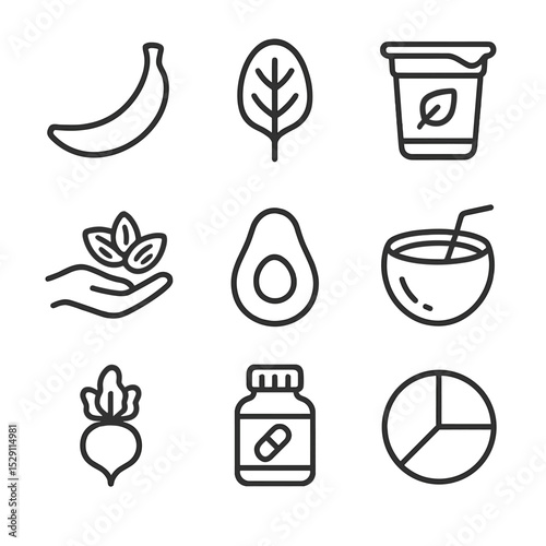 Nutrition Icon Set. Outline icon set of nutrition and diet: banana fruit, spinach leaf, yogurt cup, almond handful, avocado slice,