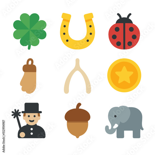 Good Luck Icons. Flat icon set of good luck charms: four-leaf clover, horseshoe, ladybug, rabbit foot, wishbone, lucky coin,